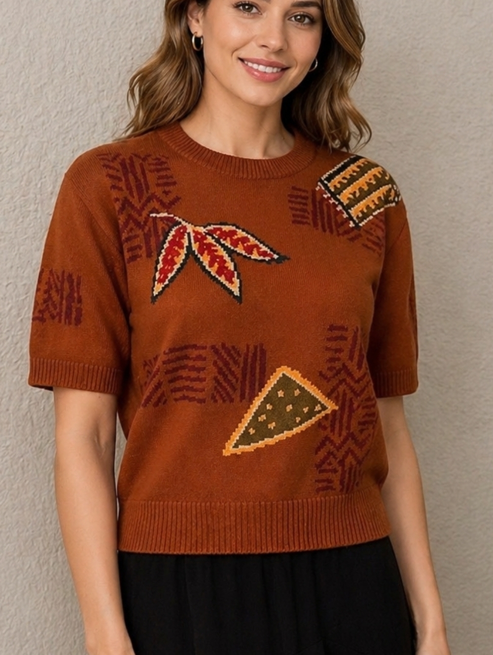 VTG JH COLLECTIBLES 1980s Brown Autumn Fall Leaves Short Sleeve Sweater